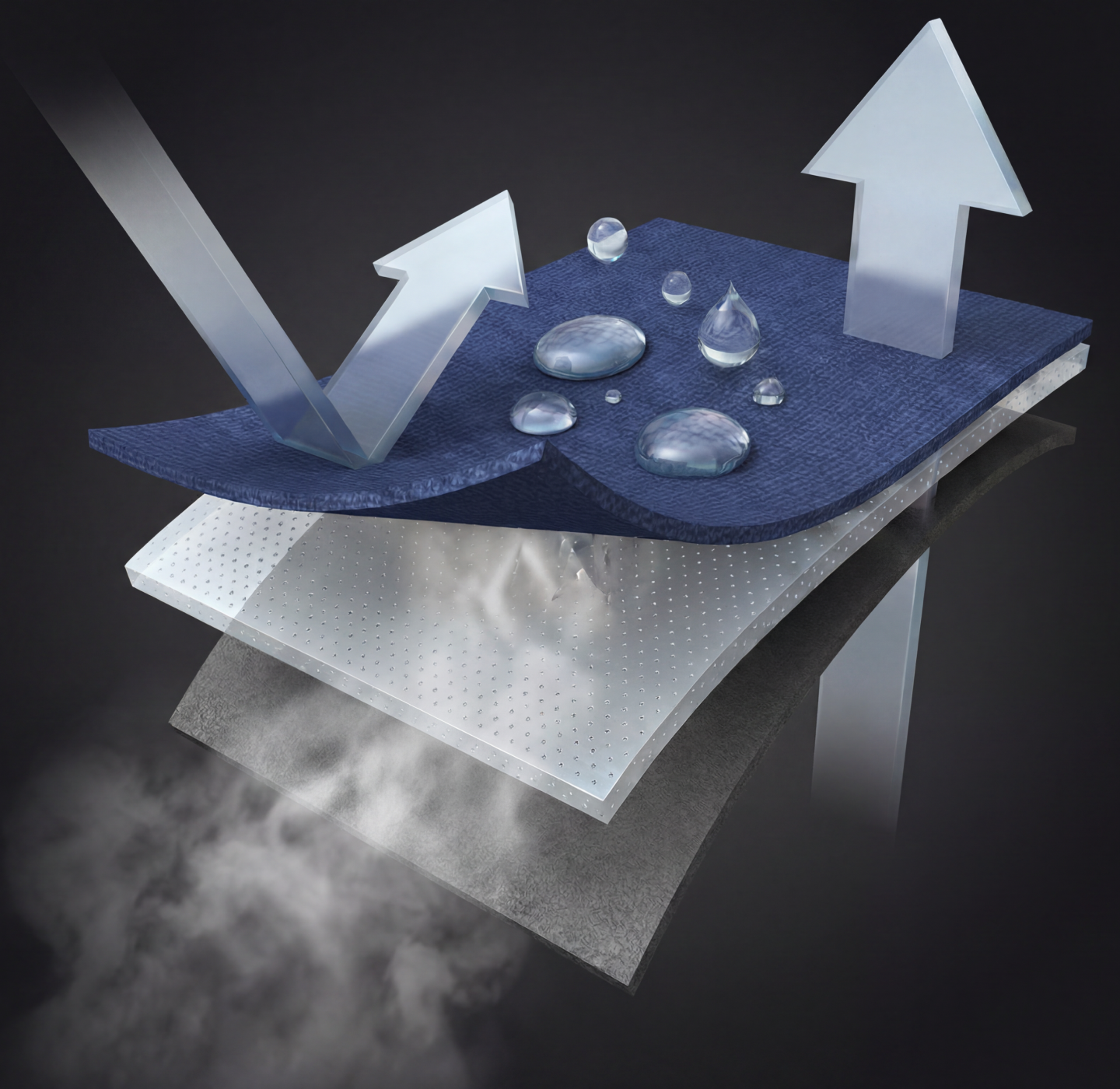 A graphic showing layers of fabric with water droplets on top and arrows indicating water resistance and breathability through the material.