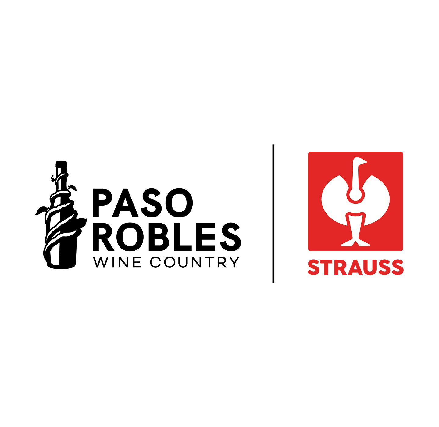 Logo for Paso Robles Wine Country with a vine-wrapped bottle, next to a red square featuring a stylized white ostrich and the word STRAUSS below it.