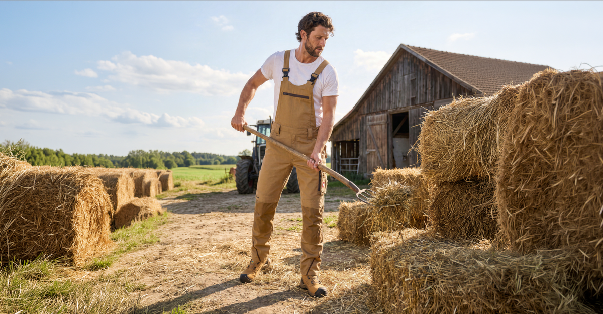 A man wearing beige work bibs, a white tshirt and beige work boots. He is working in front of a wooden barn.