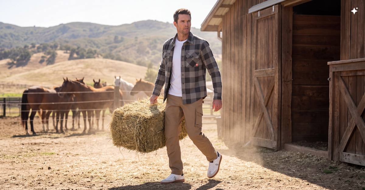 A man walking in a barn yard carrying a bale of hay, wearing a black and gray plaid flannel shirt over a white t-shirt, tan cargo pants, and white sneakers. Horses are visible in the background next to a wooden stable.