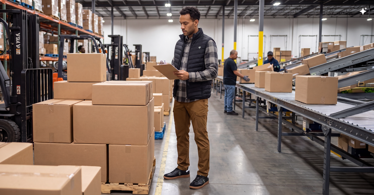 A man in a warehouse stands holding a clipboard next to stacks of cardboard boxes, with workers and conveyor belts visible in the background.