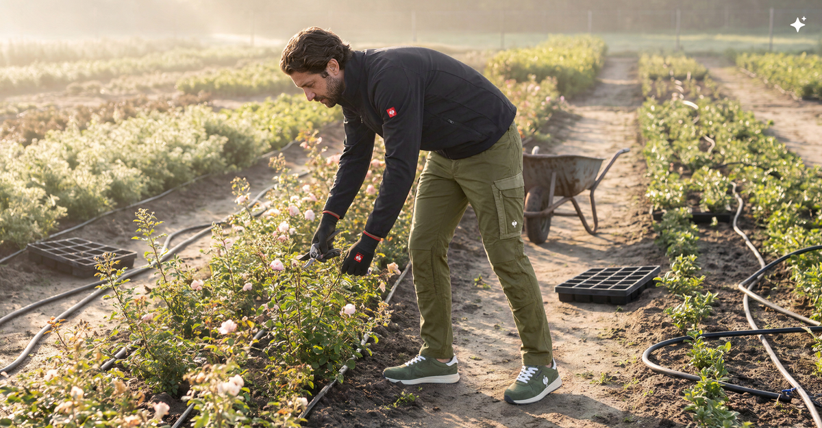 A man on a field leaning down to prune plants. He is wearing black gloves, black softshell jacket, green pants and green work shoes.