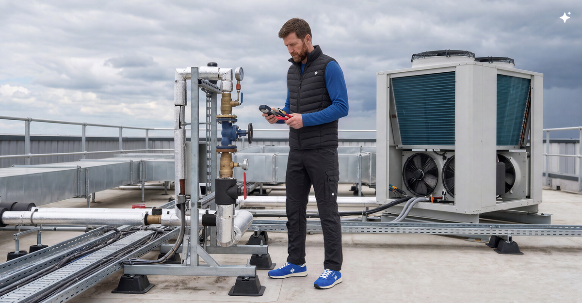 A man standing on a rooftop holding some tools in his hands. He is wearing a black vest, black pants, blue long sleeve shirt and blue safety shoes.