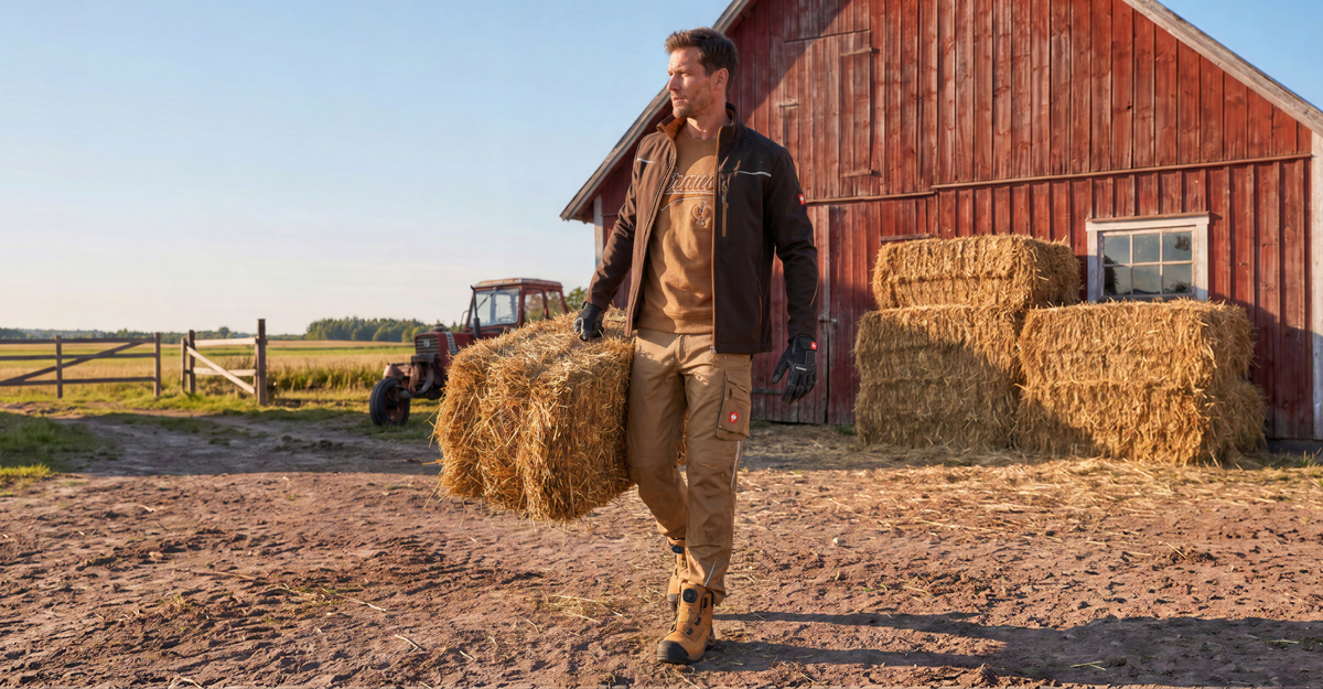 A man walking in front of a red wooden barn carrying a block of hay. He is wearing brown and beige workwear.