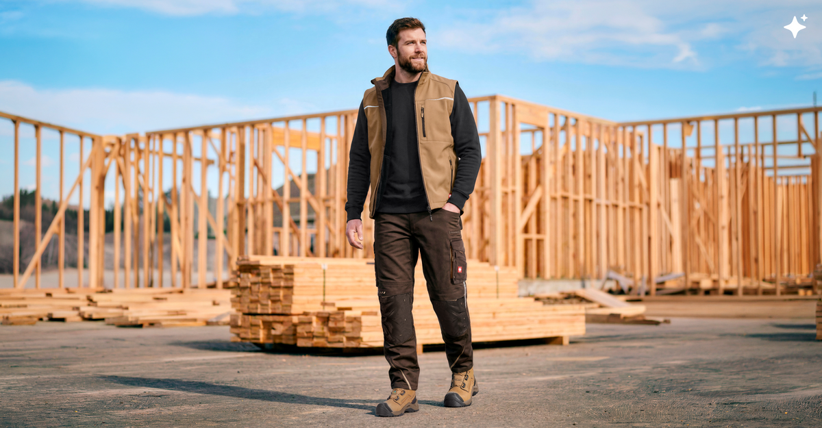 A man in front of a wooden construction wearing a beige vest, a black sweatshirt, brown work pants and beige safety work boots.