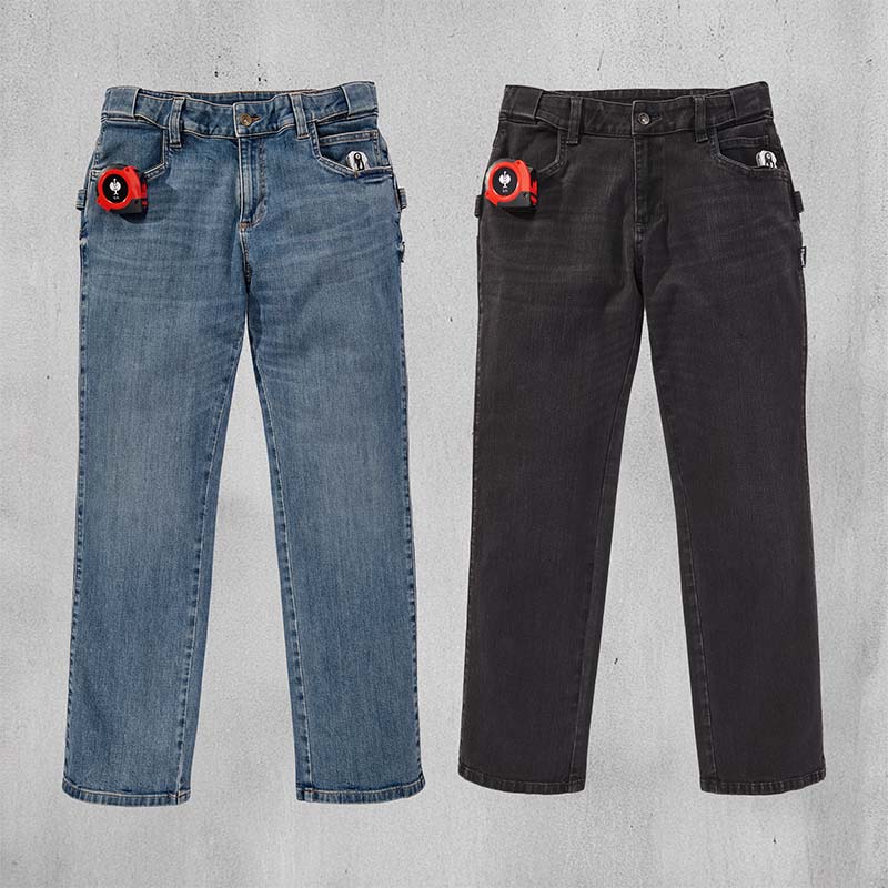 Two pairs of jeans, one blue and one black, on a gray background.