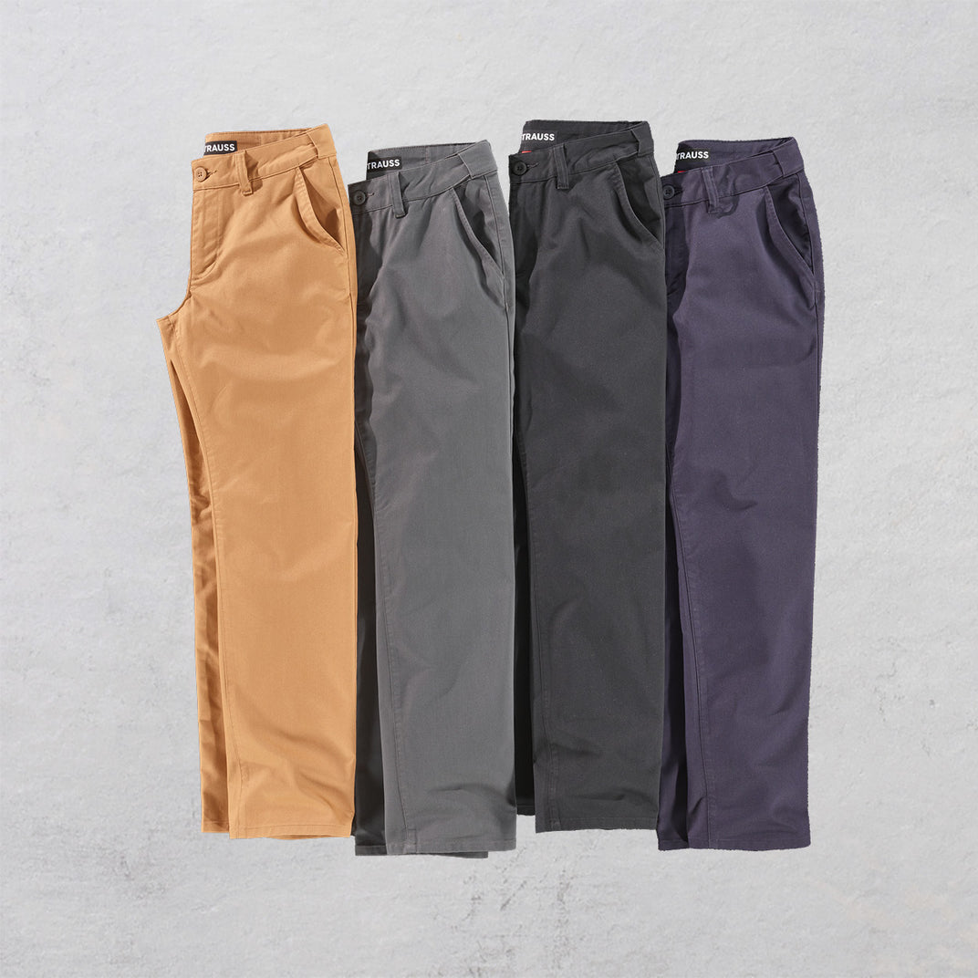 Four pairs of pants in different colors arranged on a gray background