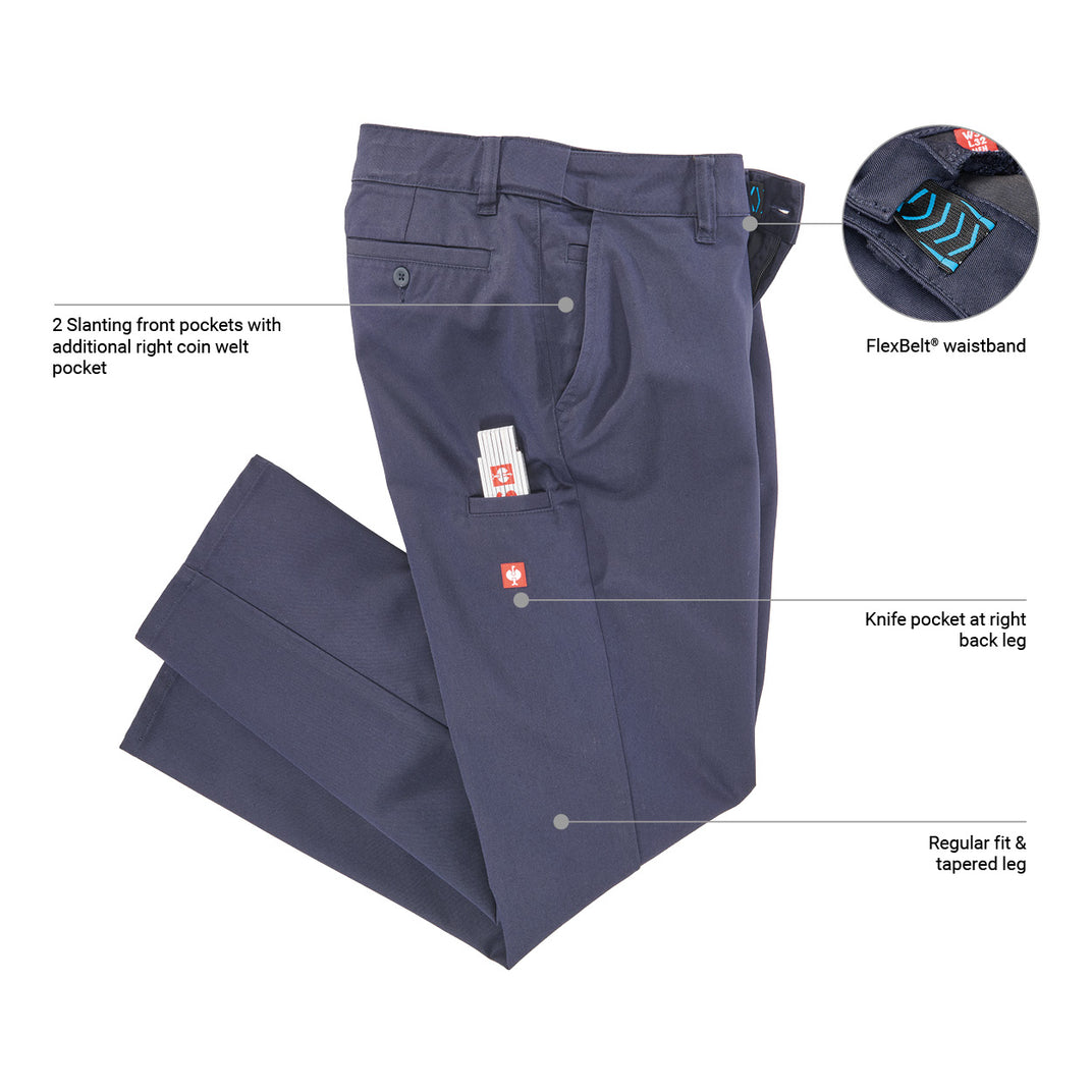 Navy blue pants with features highlighted on a white background