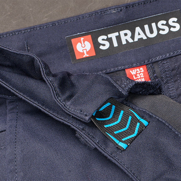 Close-up of Strauss brand label on a piece of clothing with size tag.