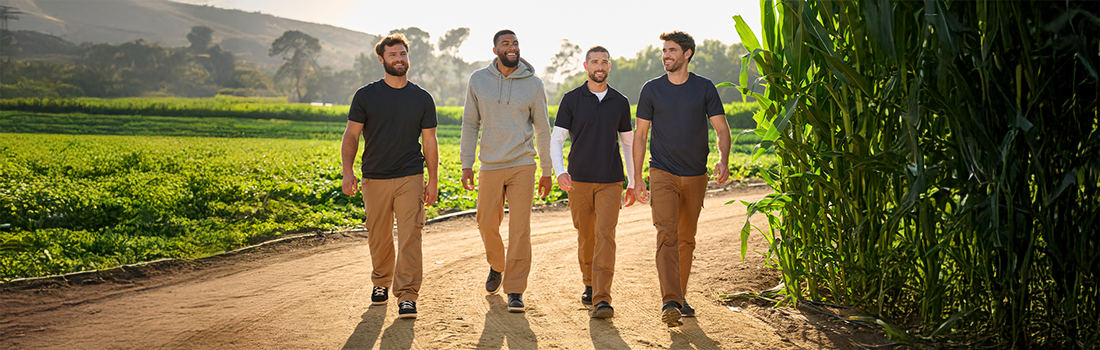 Four men walking along a field