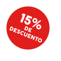 A red circular promotional badge with white text reading '15% DE DESCUENTO' on a plain white background.