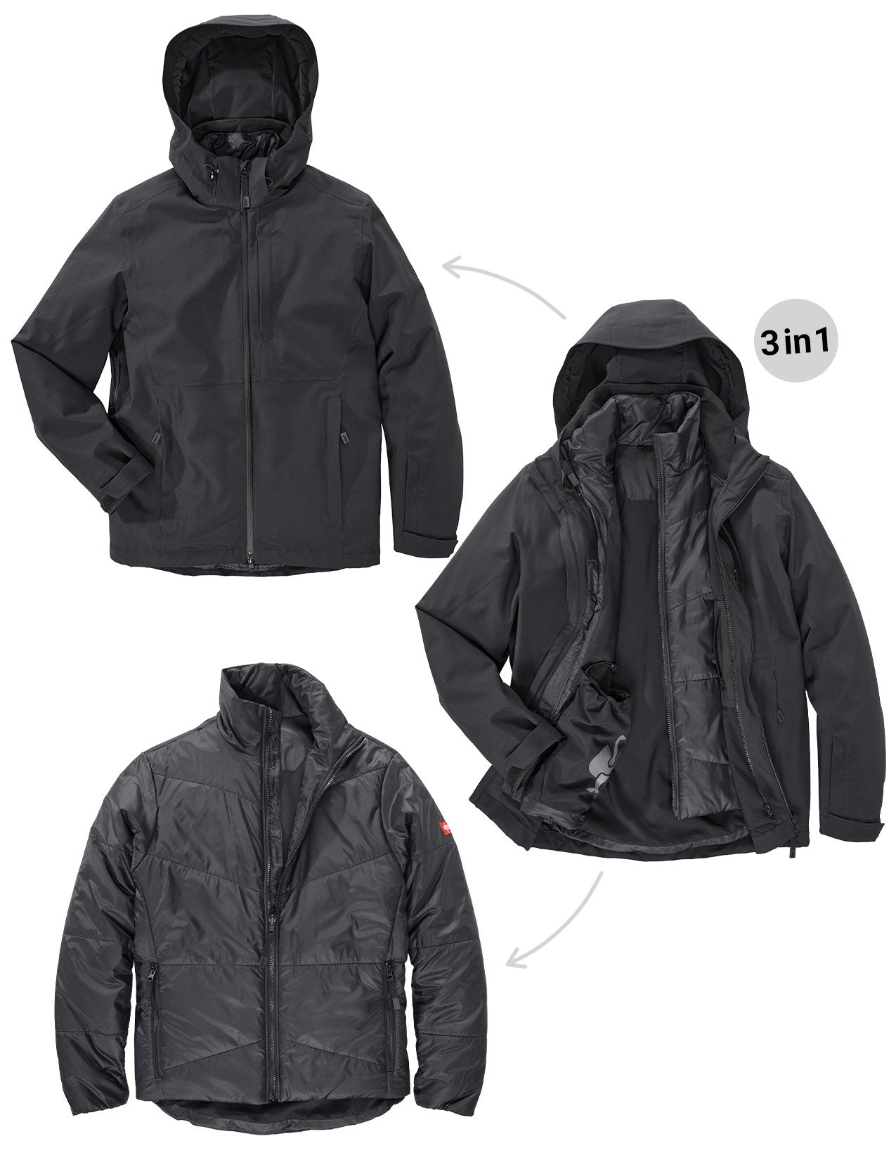 Black jacket shown in three different states on a white background