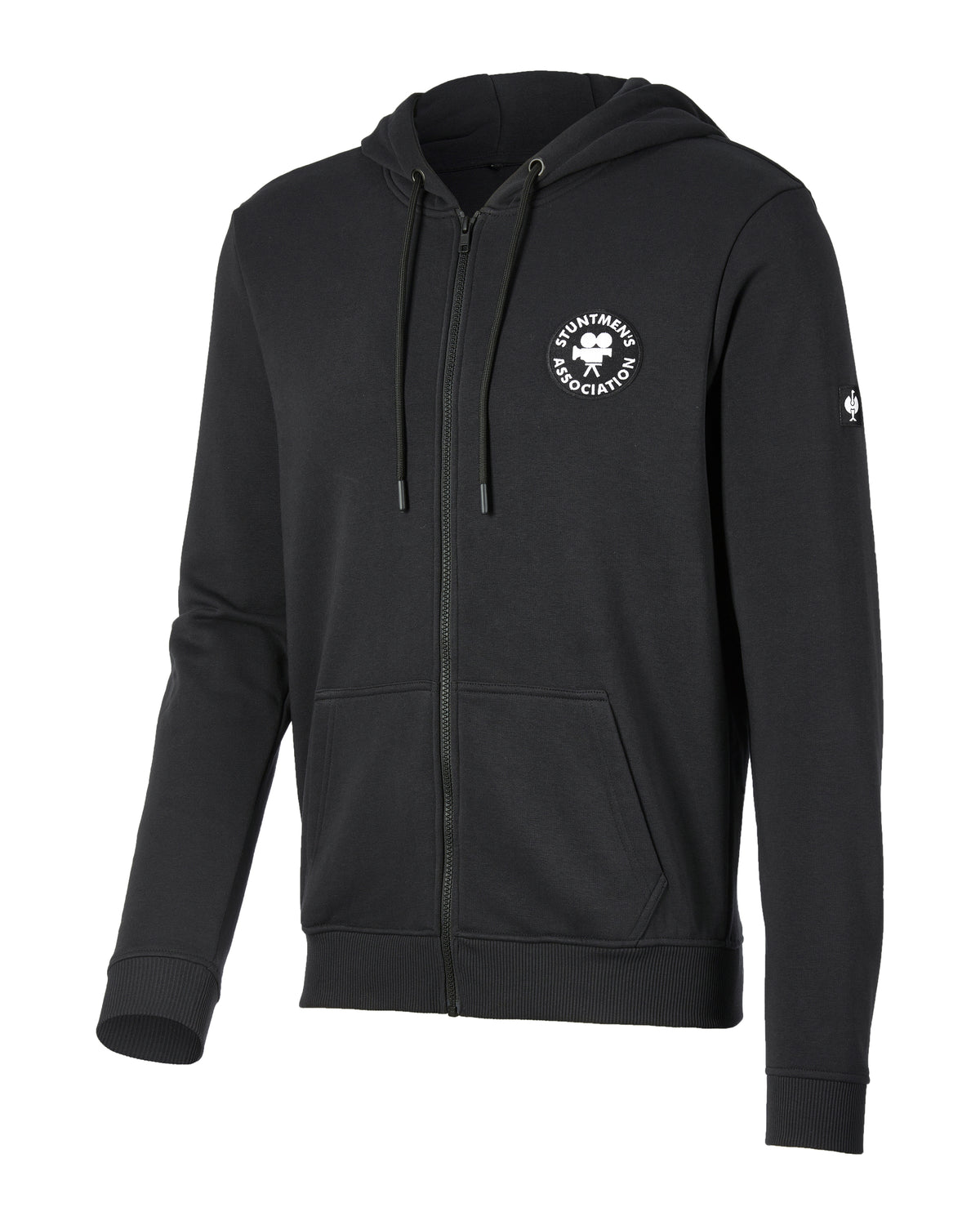 STRAUSS Stuntmen's Association hooded sweatjacket in black and white, front view