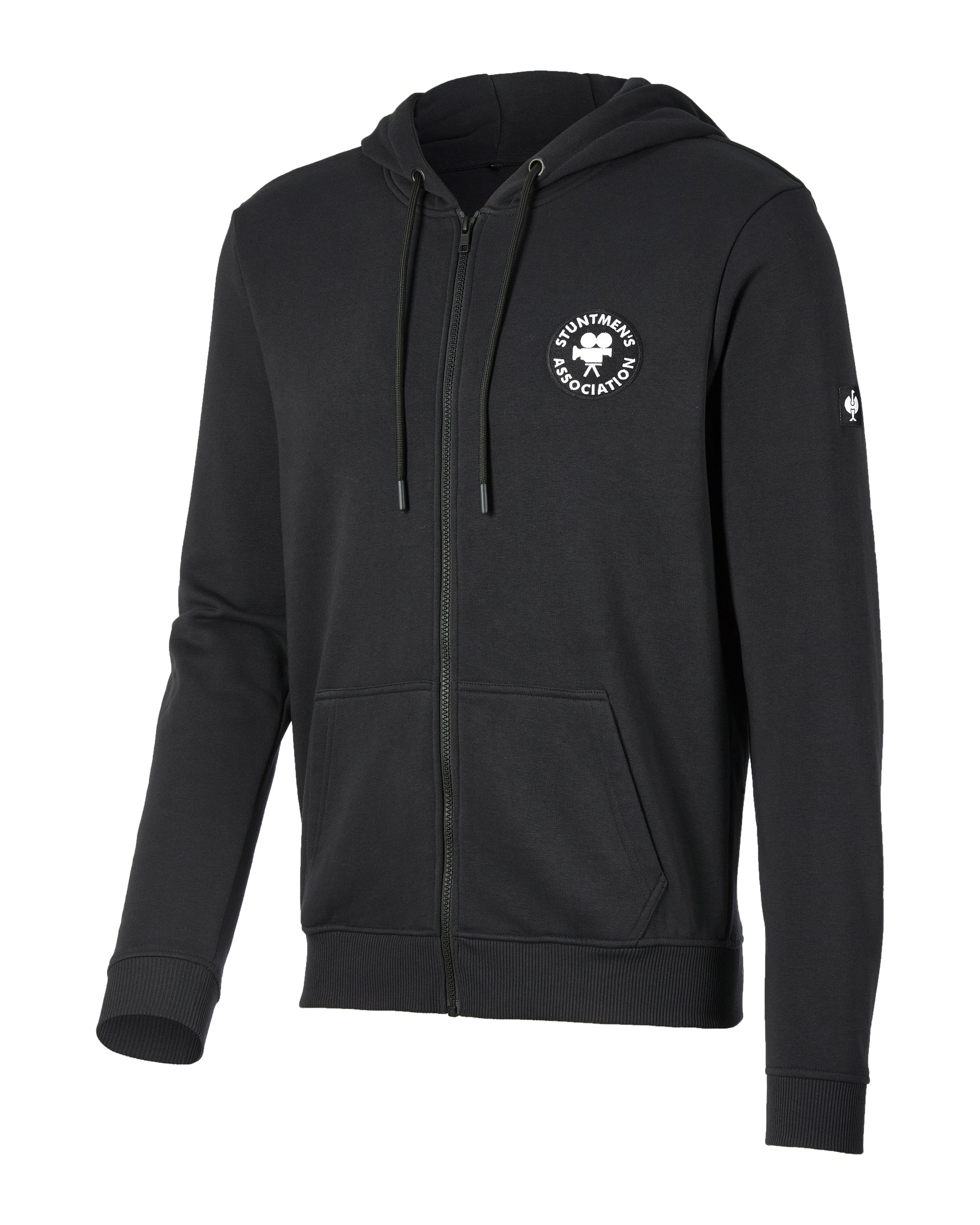 STRAUSS Stuntmen's Association hooded sweatjacket in black and white, front view