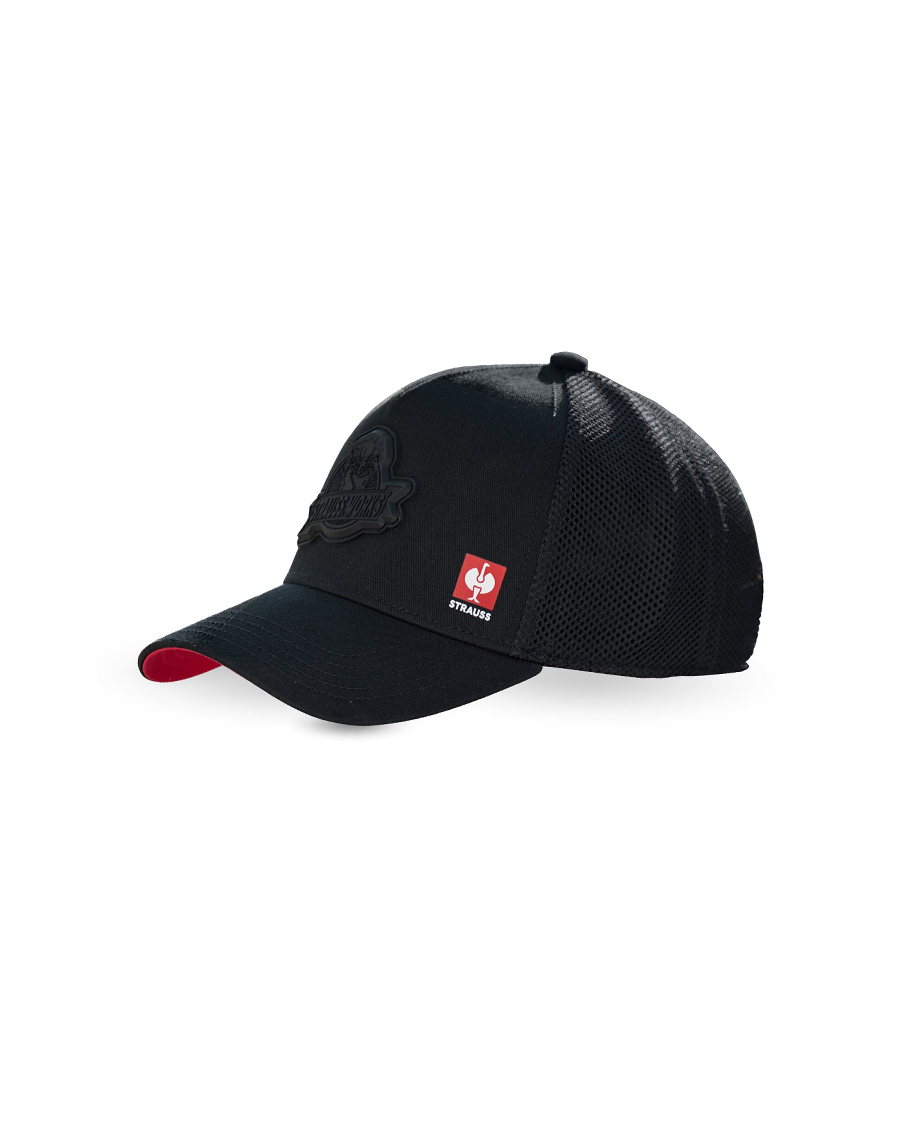 Black STRAUSS Workwear trucker hat with a curved brim.