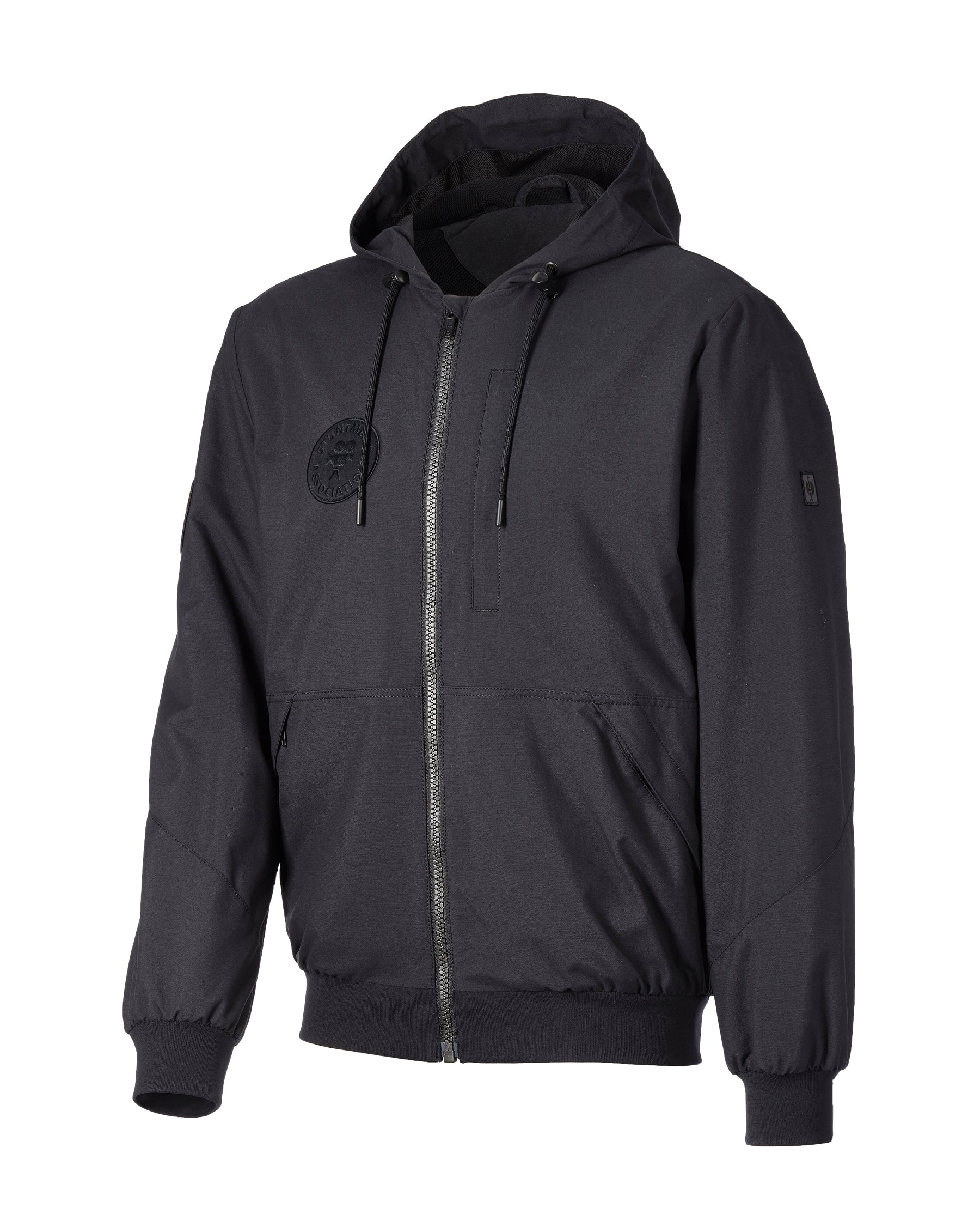 STRAUSS e.s.iconic Stuntmen's Association hooded jacket in black, front view