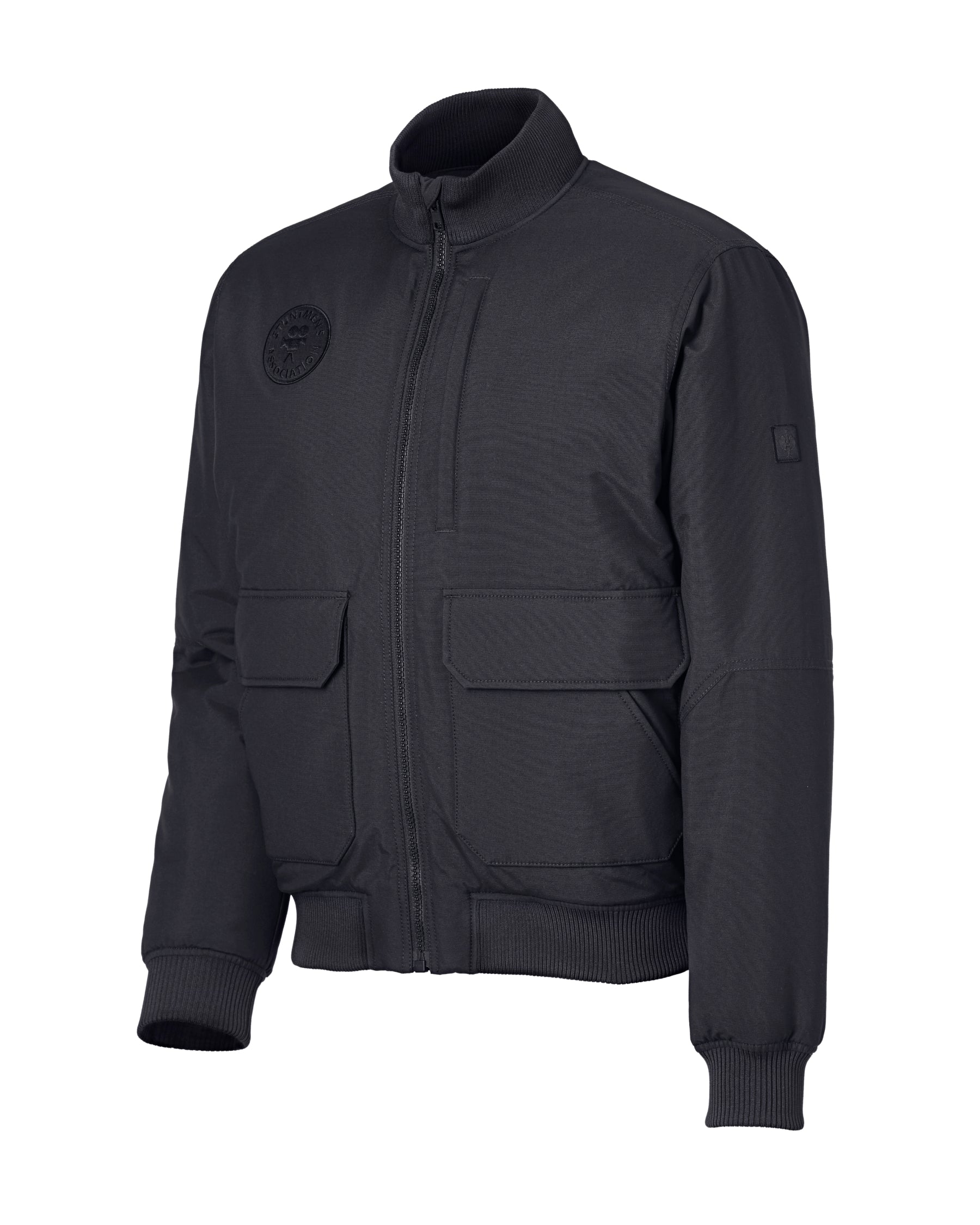 STRAUSS e.s.iconic Stuntmen's Association bomber jacket in black, front view