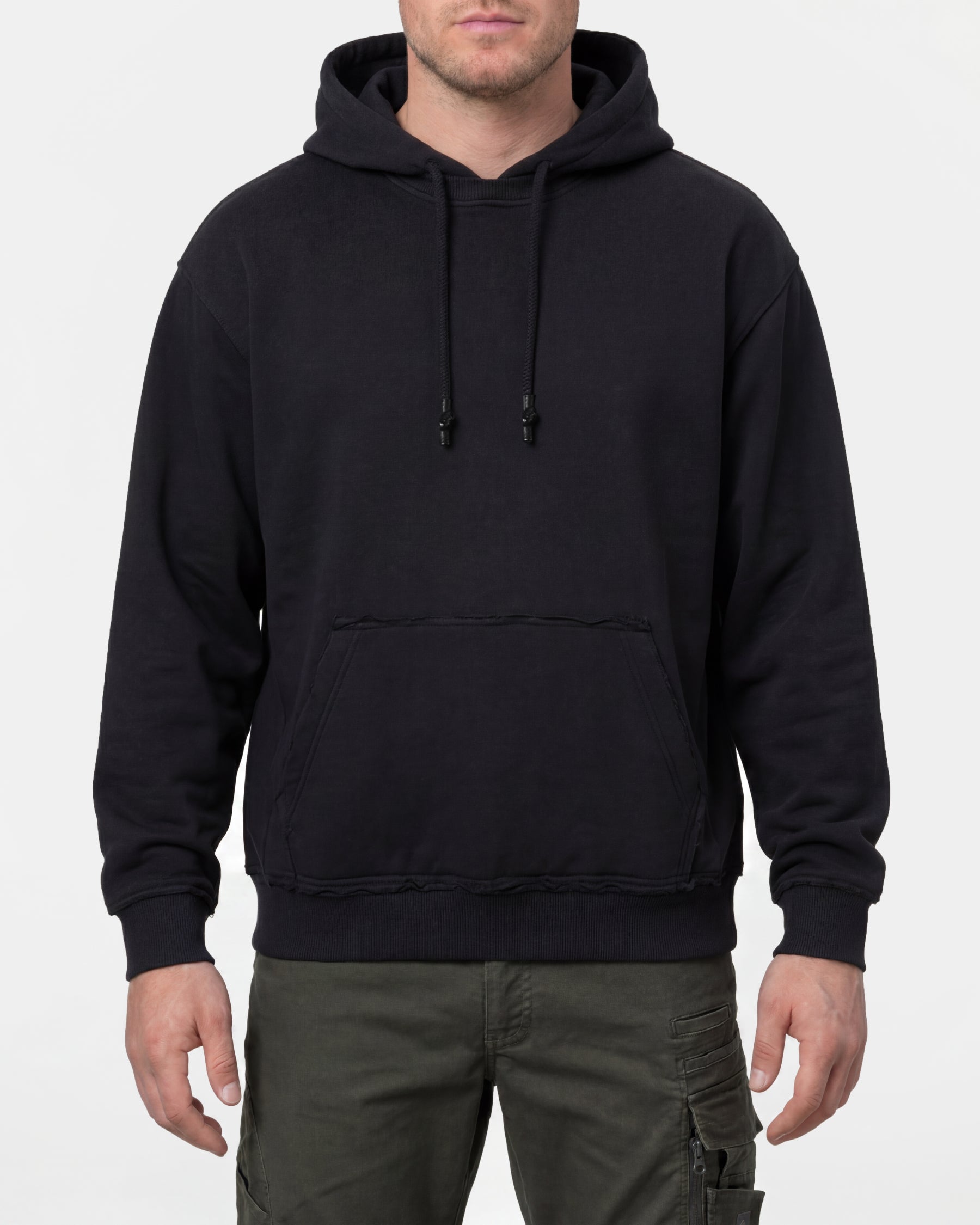 STRAUSS loose fit hoodie in black, worn by model, front view
