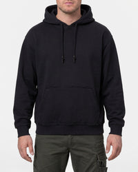 STRAUSS loose fit hoodie in black, worn by model, front view