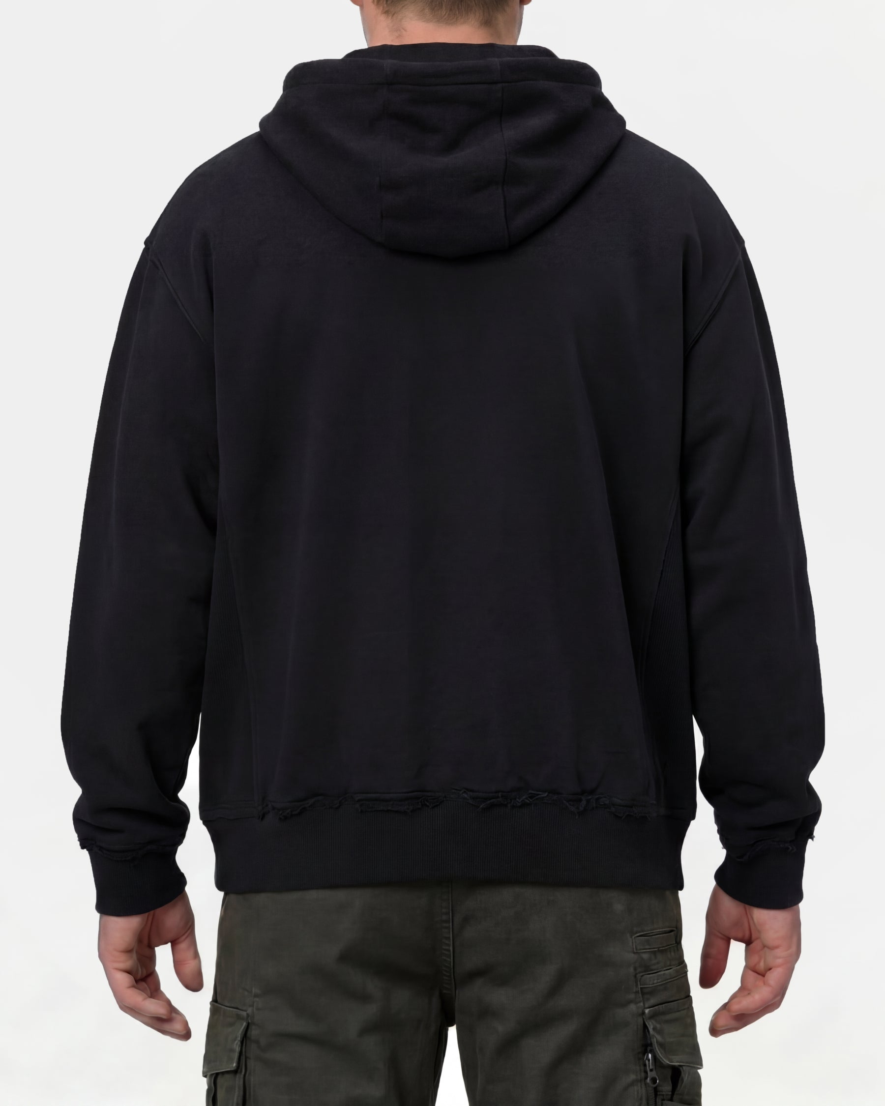 STRAUSS loose fit hoodie in black, worn by model, back view