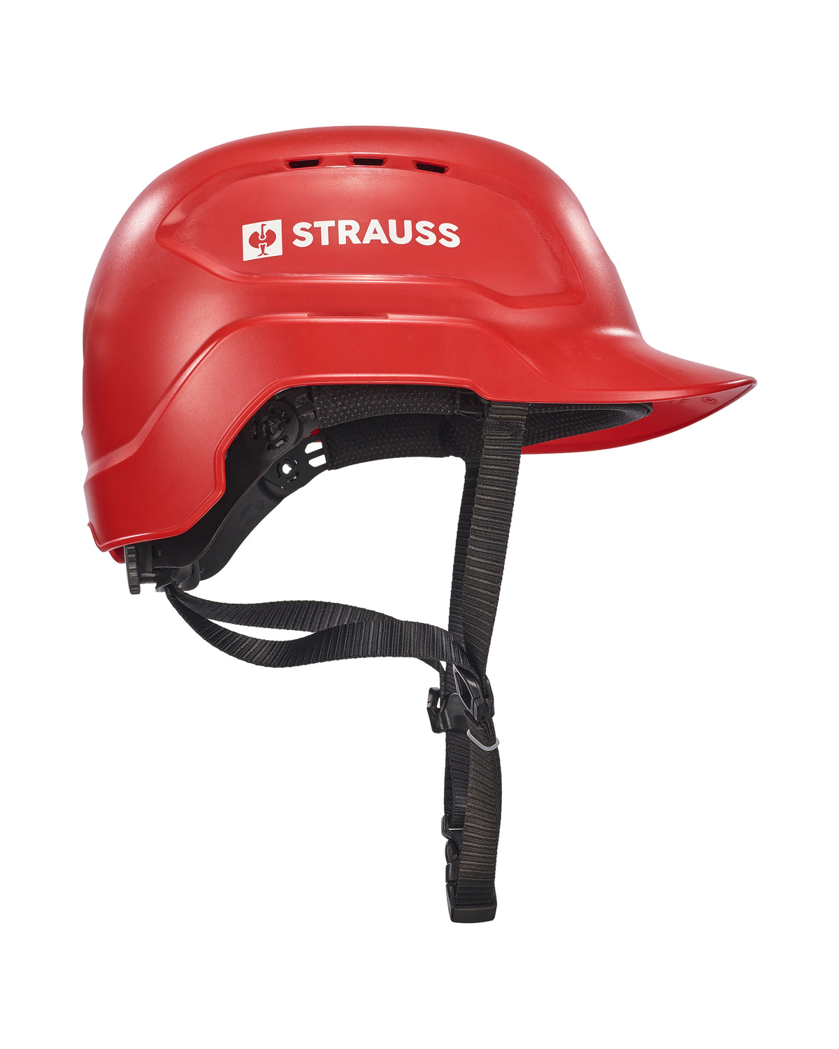 A Baseball Style Hard Hat by STRAUSS is displayed against a white background. The red helmet features a visor and an extended neck shell for enhanced impact protection. “STRAUSS” is printed in white letters alongside a white logo on the side, and the adjustable design ensures a secure fit.