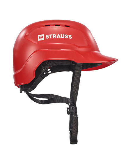 A Baseball Style Hard Hat by STRAUSS is displayed against a white background. The red helmet features a visor and an extended neck shell for enhanced impact protection. “STRAUSS” is printed in white letters alongside a white logo on the side, and the adjustable design ensures a secure fit.