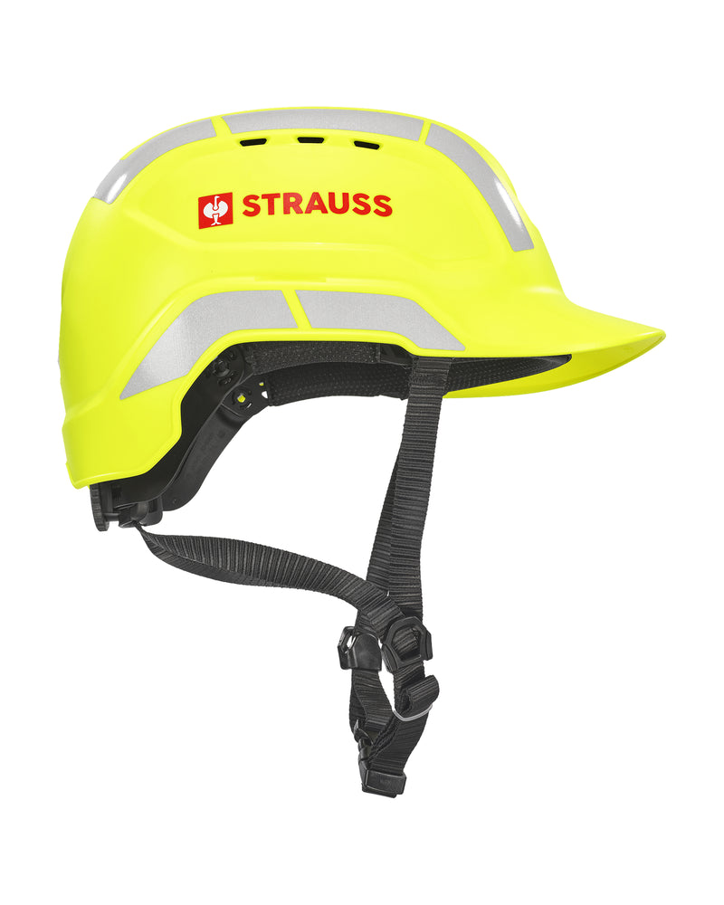 A bright yellow STRAUSS Baseball Style Hard Hat with a visor and extended neck shell, featuring ventilation slots, reflective details and the STRAUSS name with a red logo on the side, displayed on a white background for enhanced impact protection.
