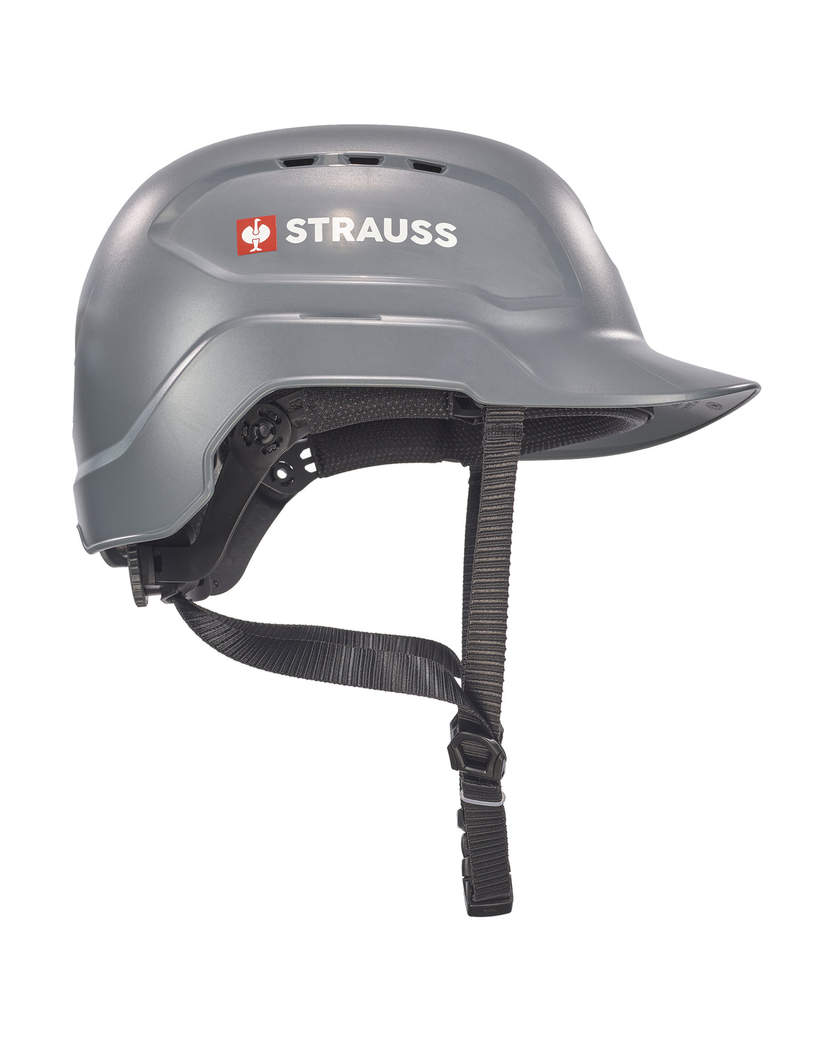 Introducing the STRAUSS Baseball Style Hard Hat—a gray safety helmet with a visor, designed with ventilation slits and accented by the white and red STRAUSS logo on the side. This adjustable hard hat provides multi-directional impact protection and features an extended neck shell for improved coverage.