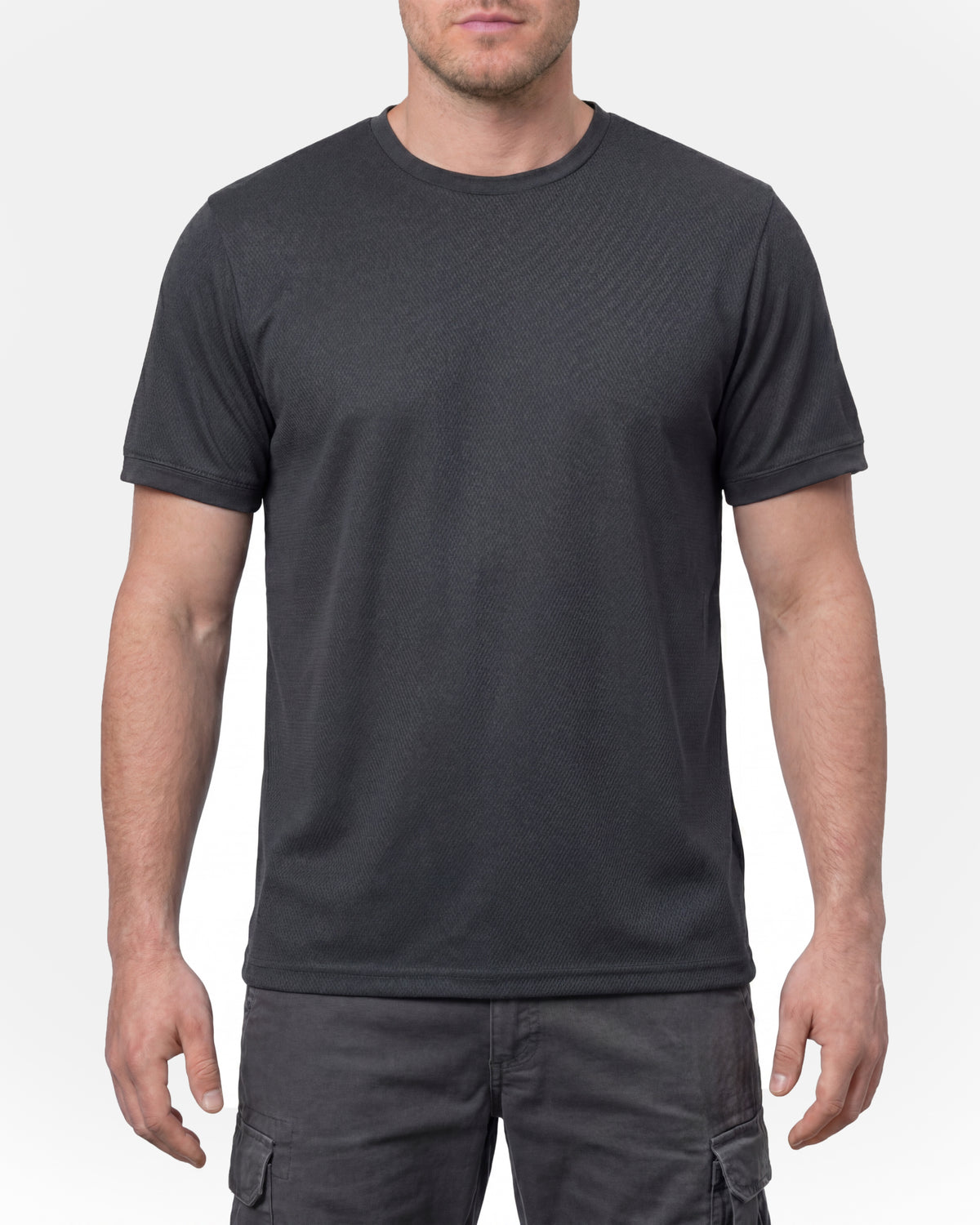 A model wears the STRAUSS Performance T-Shirt in black