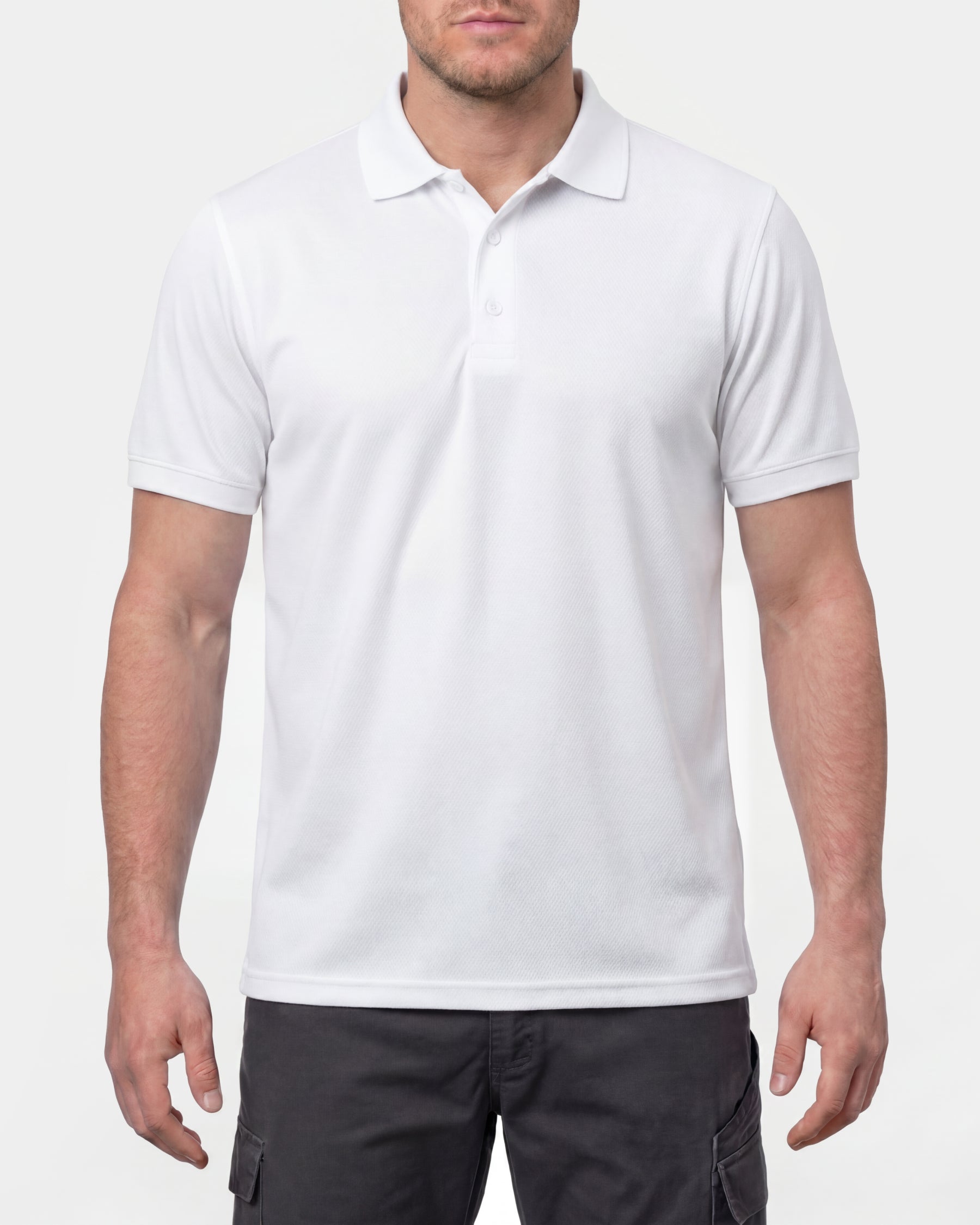 A model wears the STRAUSS Performance Polo Shirt in white in a studio product scene