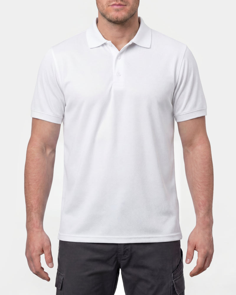 A model wears the STRAUSS Performance Polo Shirt in white in a studio product scene