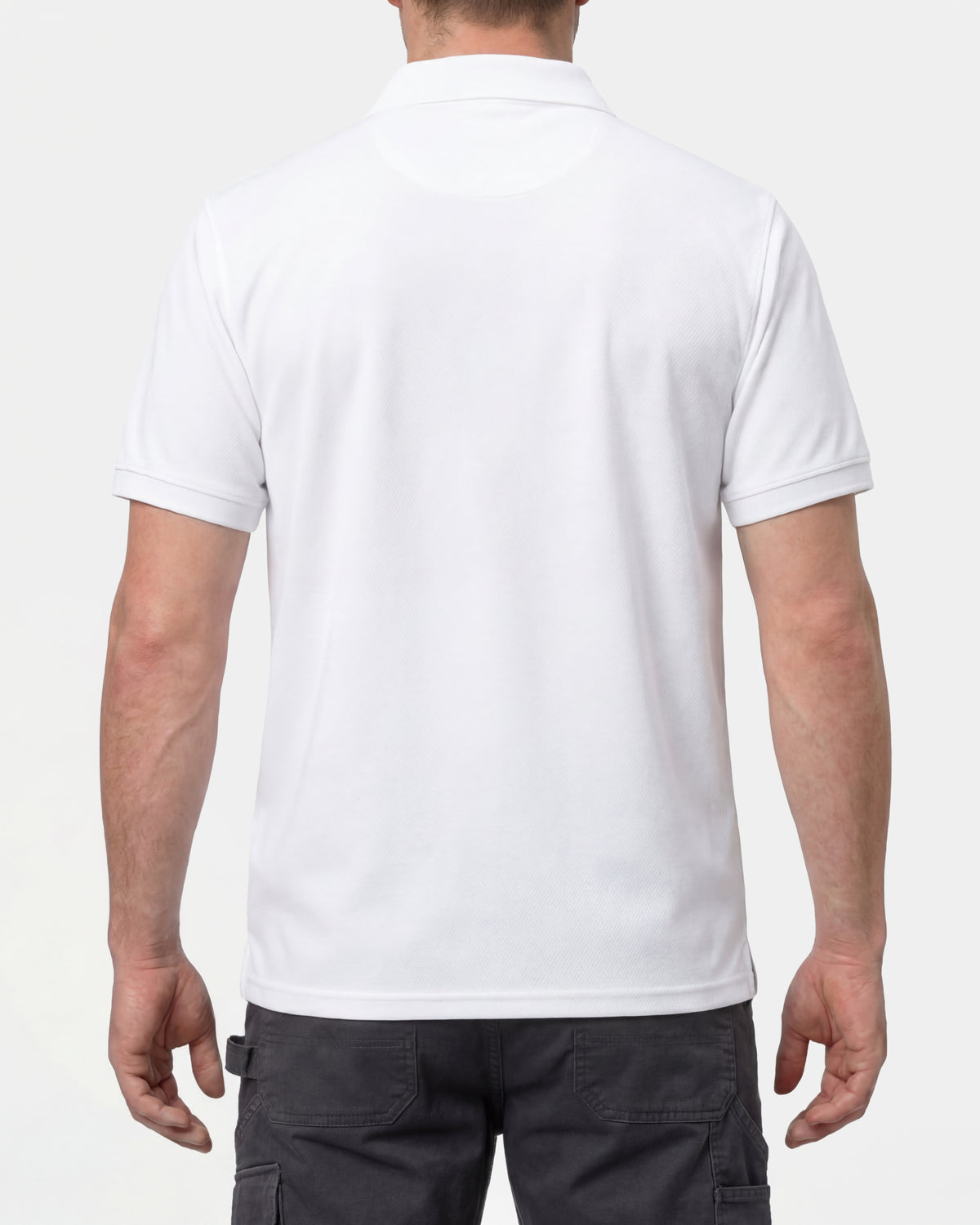 A model wears the STRAUSS Performance Polo Shirt in white