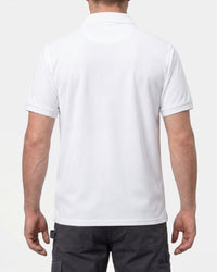 A model wears the STRAUSS Performance Polo Shirt in white