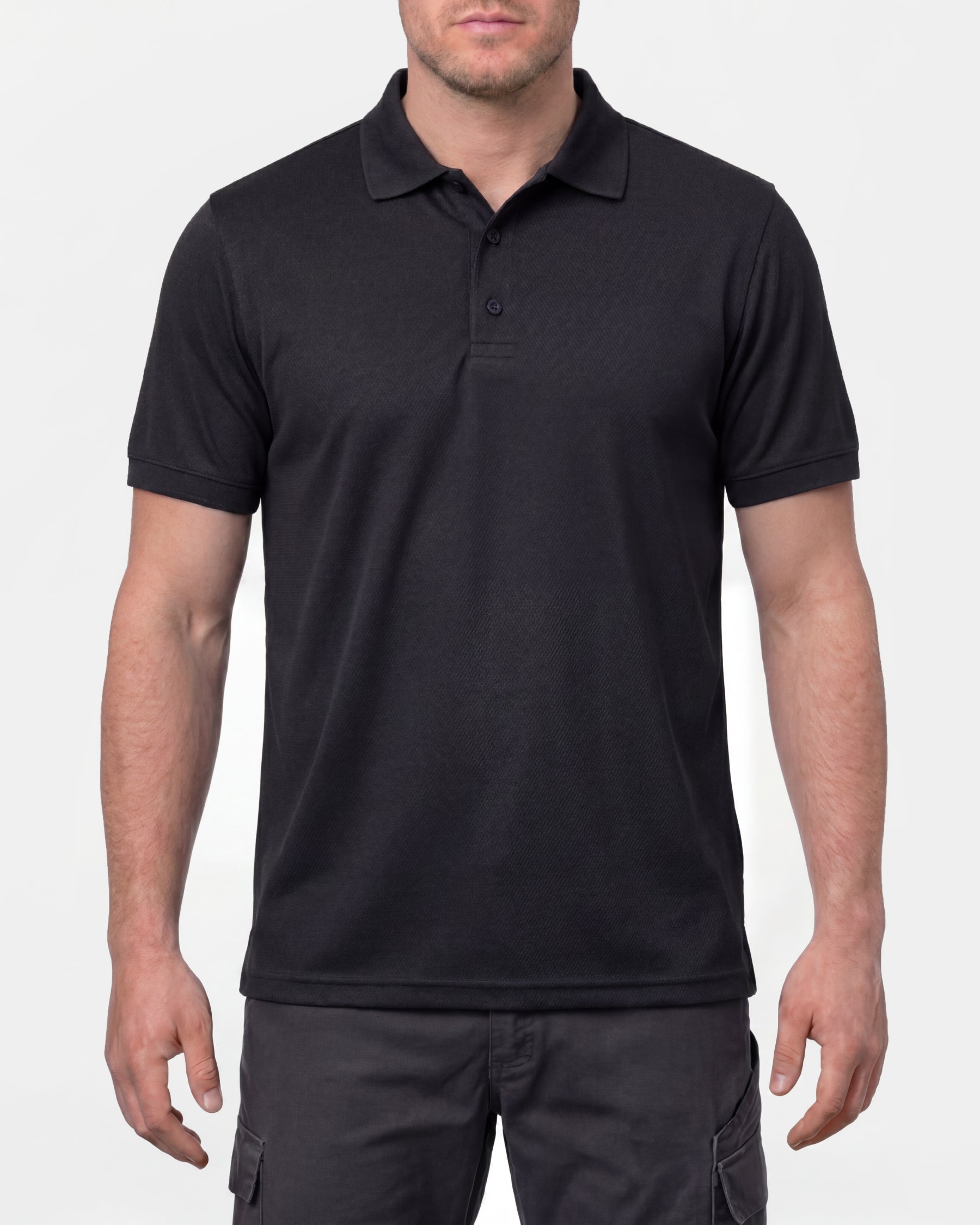 A model wears the STRAUSS Performance Polo Shirt in black in a studio product scene