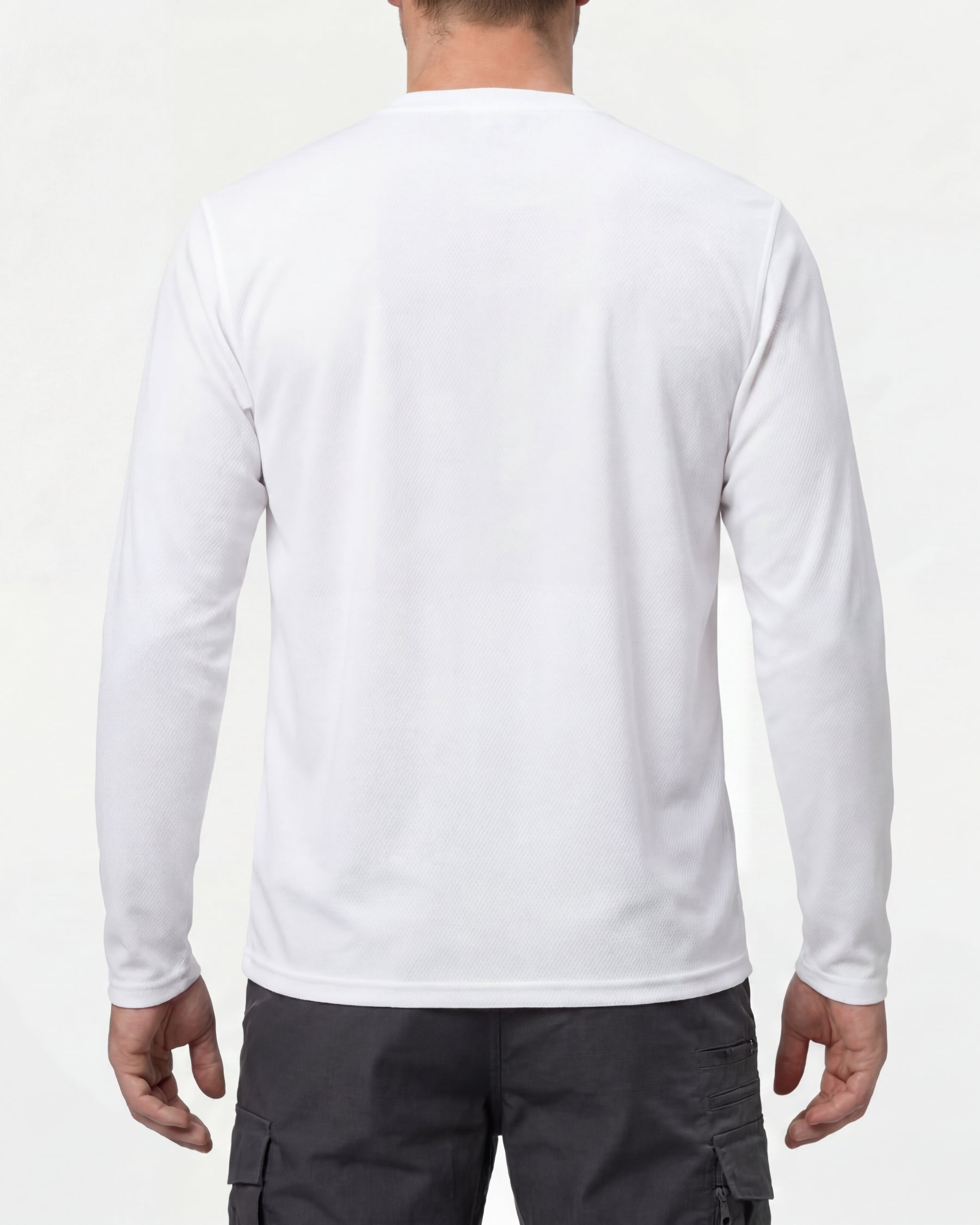A model wears the STRAUSS Performance Long Sleeve Shirt in white