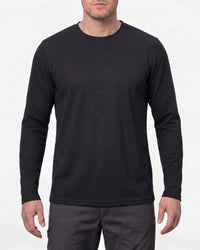 A model wears the STRAUSS Performance Long Sleeve Shirt in black in a studio product scene