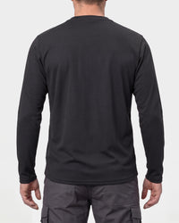 A model wears the STRAUSS Performance Long Sleeve Shirt in black