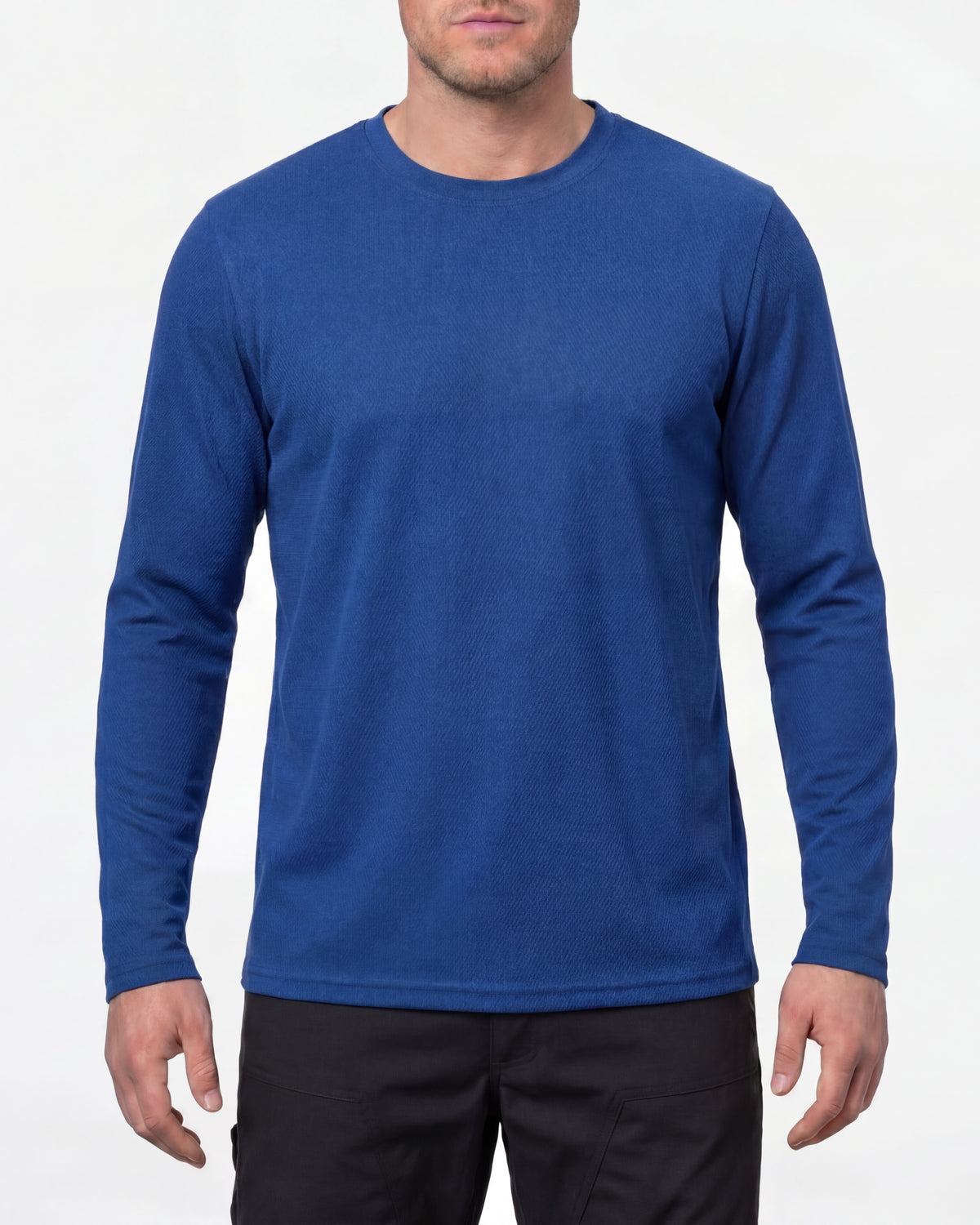 A model wears the STRAUSS Performance Long Sleeve Shirt in royal blue in a studio product scene