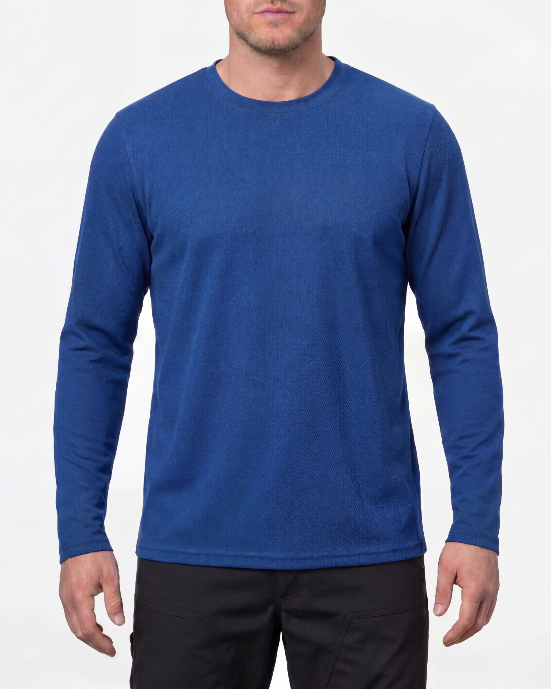 A model wears the STRAUSS Performance Long Sleeve Shirt in royal blue in a studio product scene