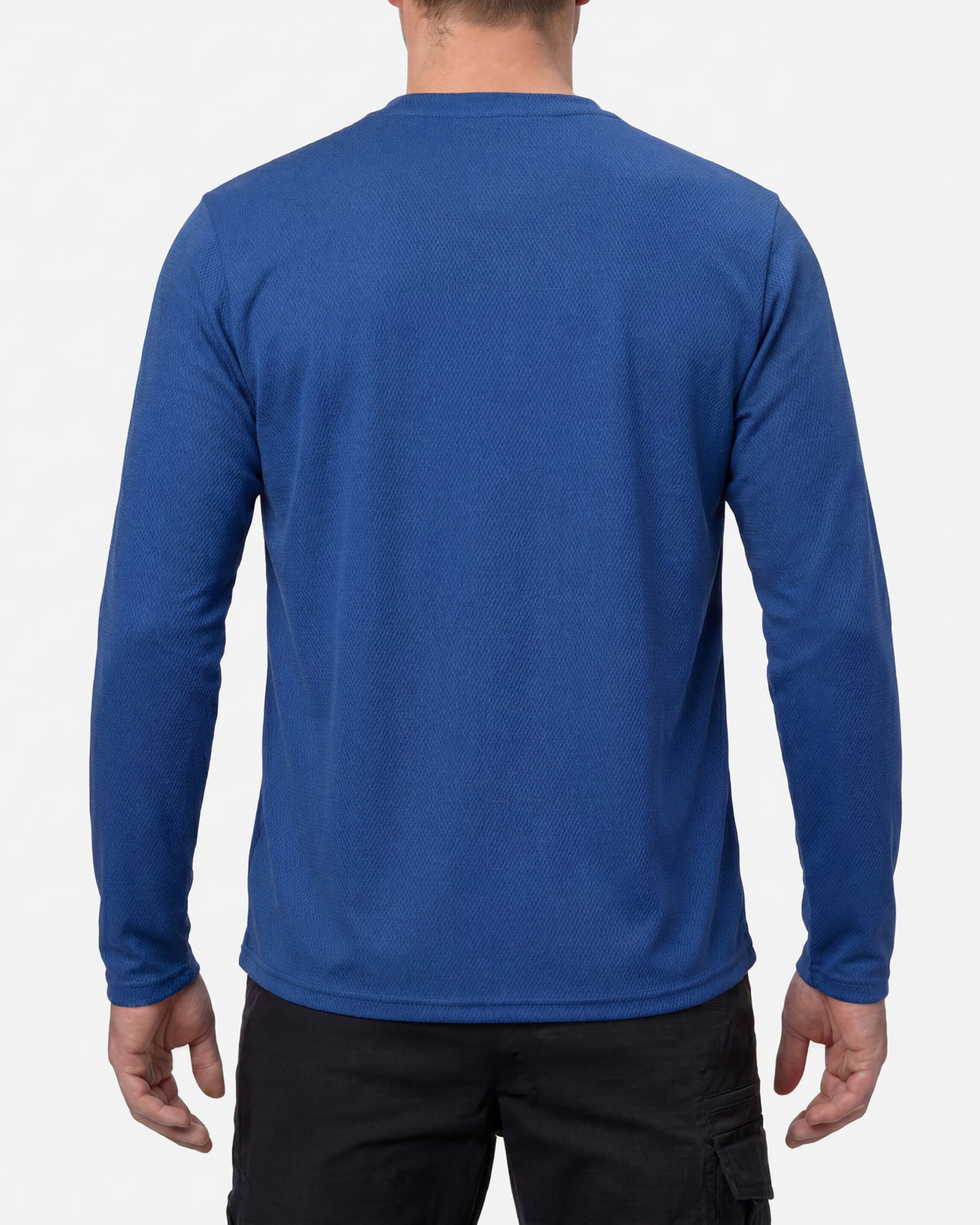 A model wears the STRAUSS Performance Long Sleeve Shirt in royal blue