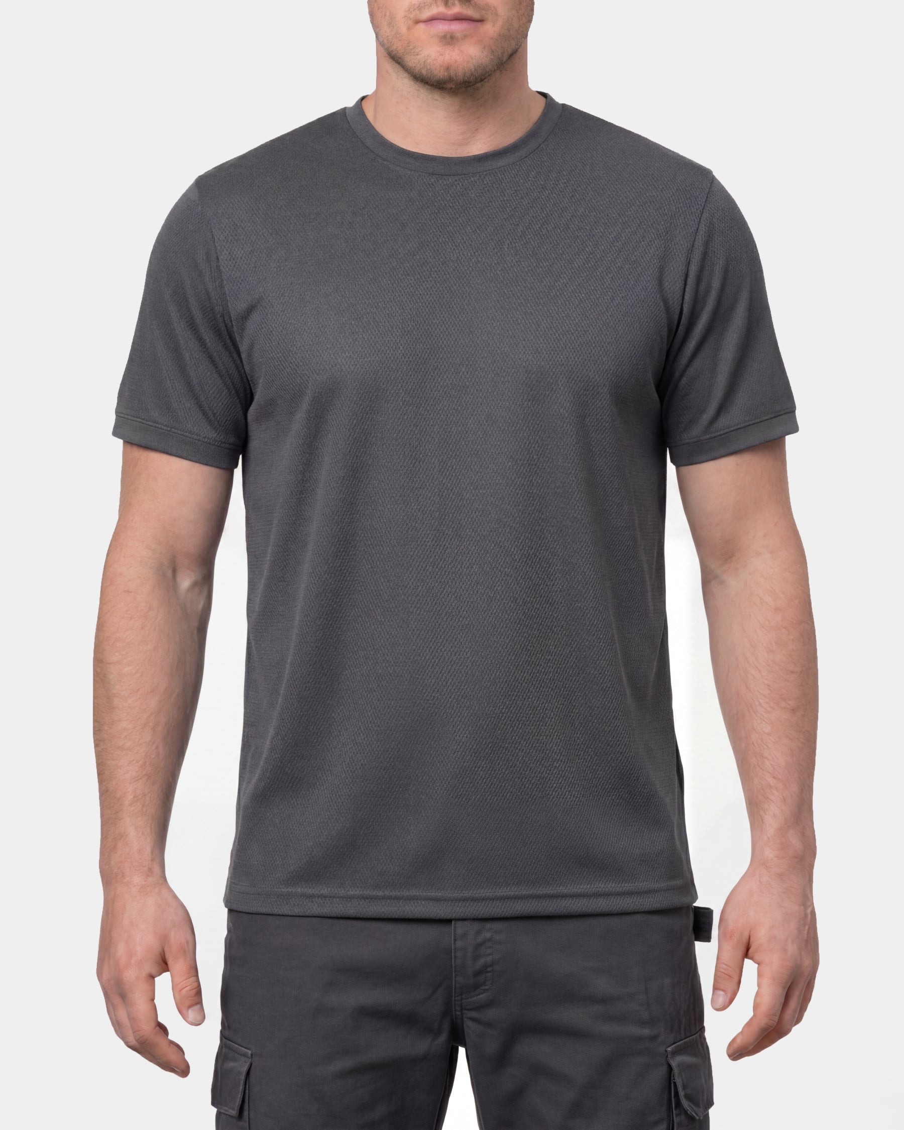 A model wears the STRAUSS Performance T-Shirt in carbon gray in a studio product scene