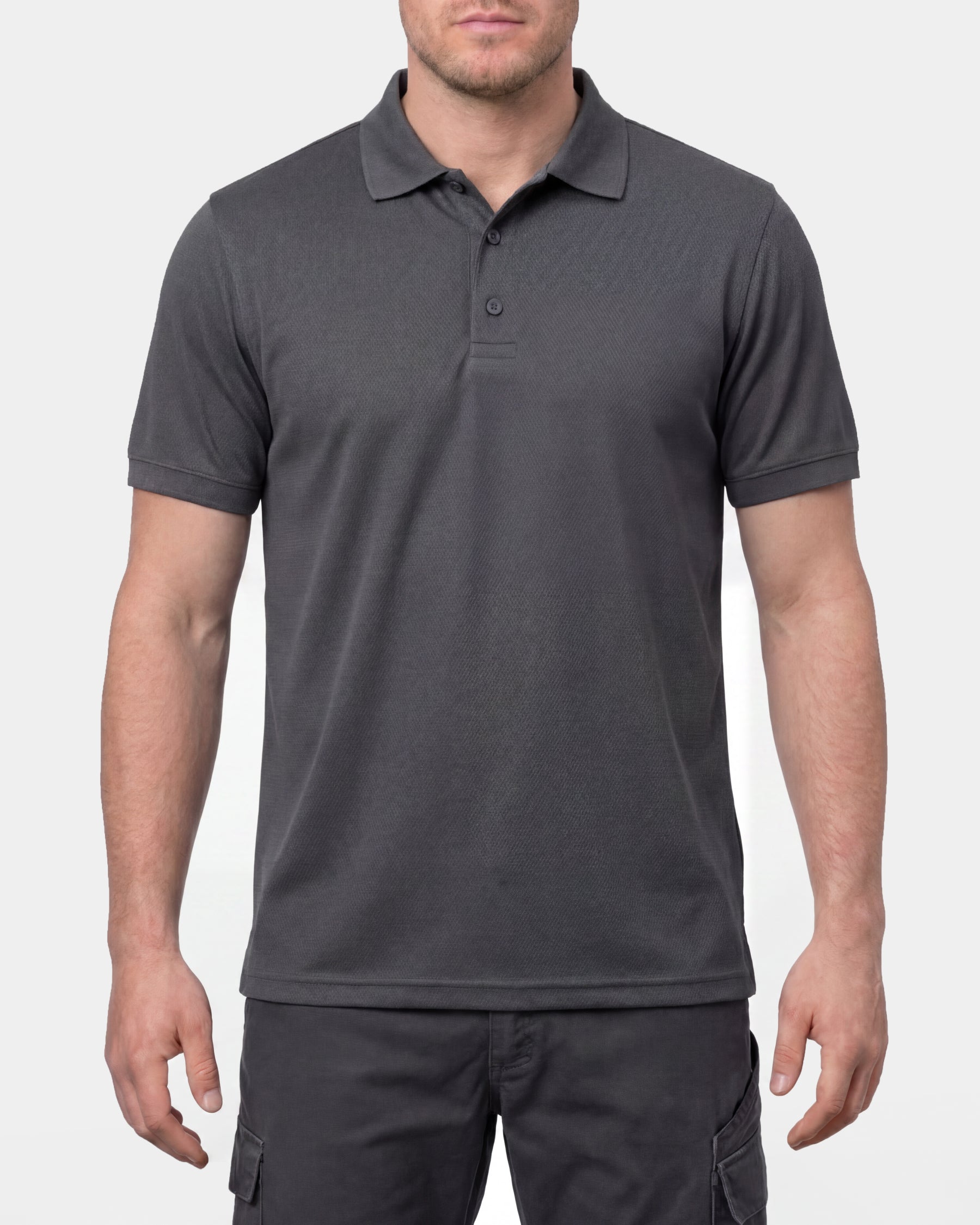 A model wears the STRAUSS Performance Polo Shirt in carbon gray in a studio product scene