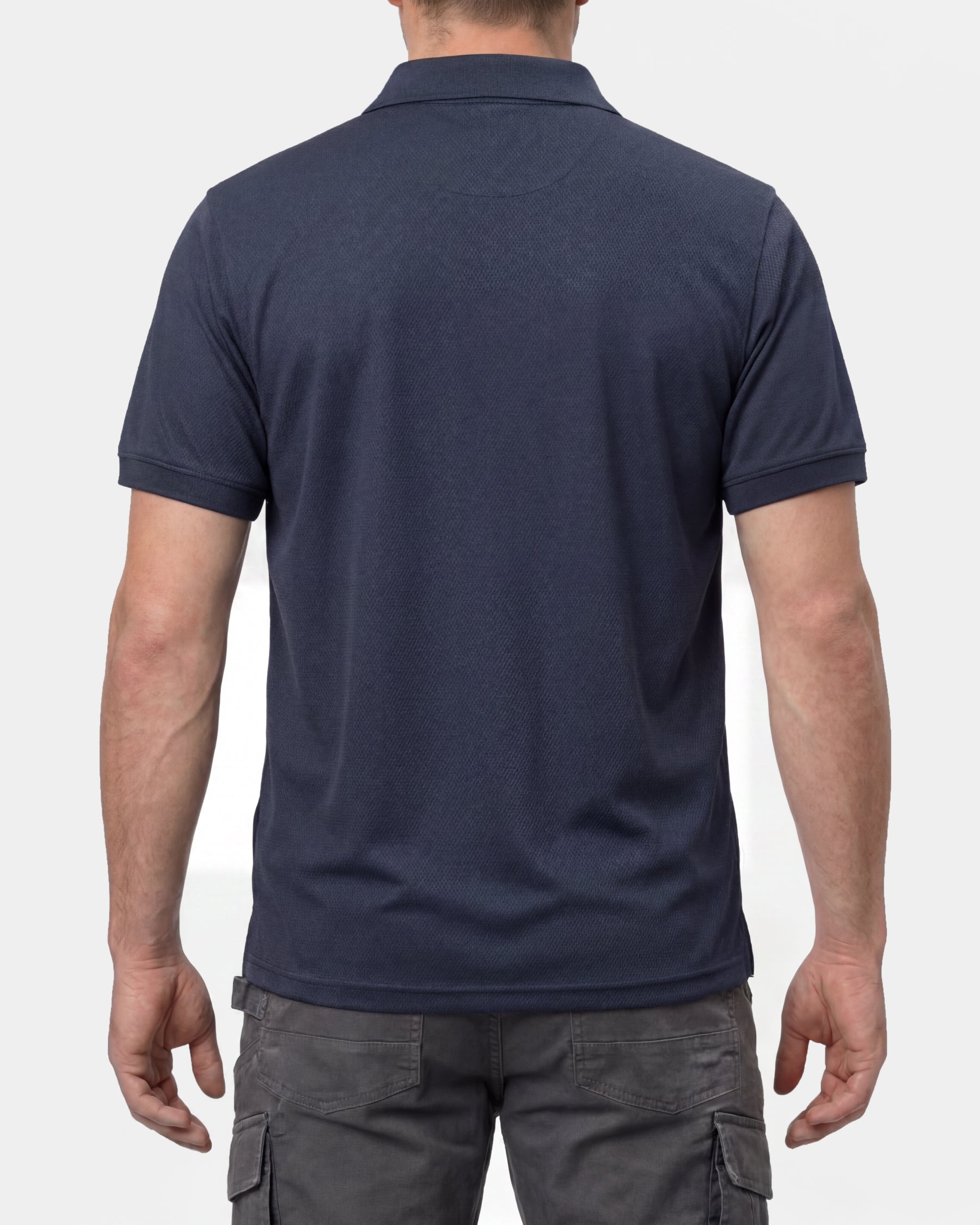 A model wears the STRAUSS Performance Polo Shirt in nero blue, showing the shirt fit