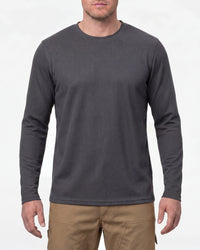 A model wears the STRAUSS Performance Long Sleeve Shirt in carbon gray with tan work pants and work boots in a studio product scene