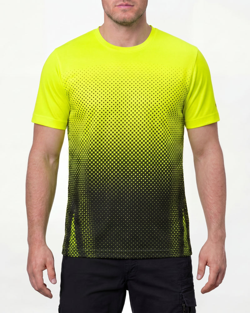 A model wears the STRAUSS Enhanced Visibility Performance T-Shirt e.s.t:aktik in neon yellow and black with black work pants in a high-visibility workwear outfit in a studio product scene
