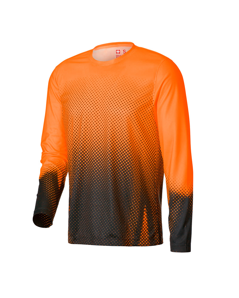 STRAUSS Enhanced Visibility Performance Long Sleeve Shirt e.s.t:aktik in neon orange and black on a plain product background