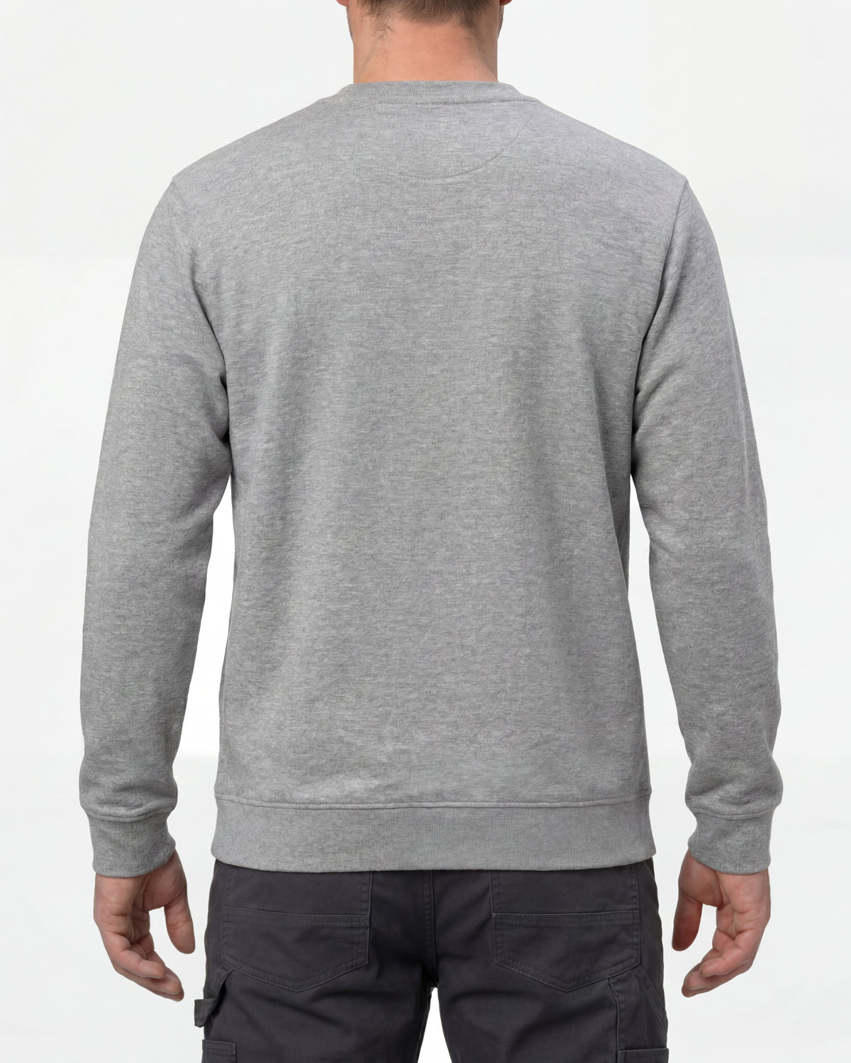 STRAUSS e.s.iconic crew neck sweatshirt in gray melange, worn by model, back view