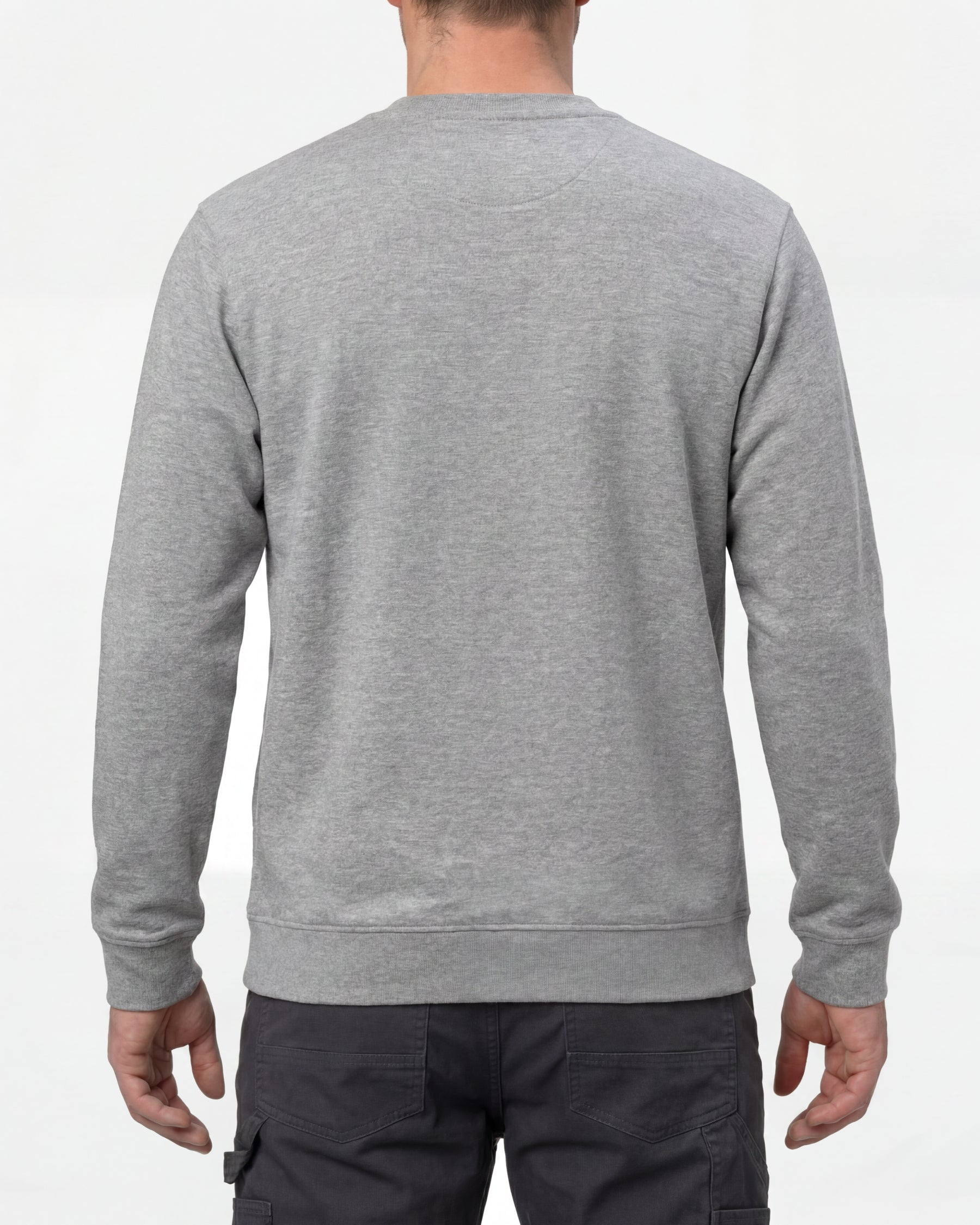 STRAUSS e.s.iconic crew neck sweatshirt in gray melange, worn by model, back view