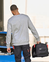 STRAUSS e.s.iconic crew neck sweatshirt in gray melange, worn in casual workwear setting