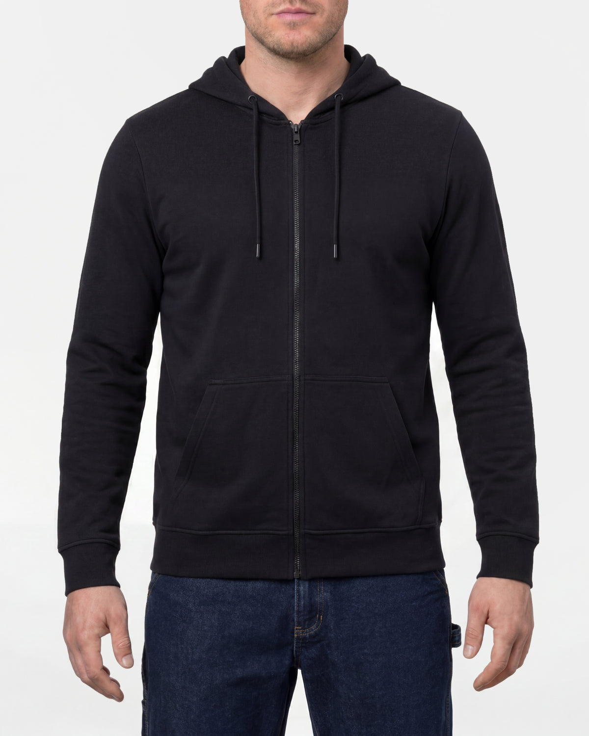 STRAUSS e.s.iconic full-zip hoodie in black, worn by model, front view